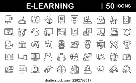 E-learning set of web icons in line style. Online education icons for web and mobile app. Distance learning, video tutorial, online lecture, school, university, webinar. Vector illustration