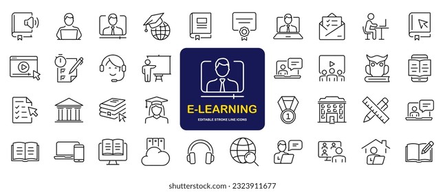 Juego de e-learning de iconos web en estilo de línea. Iconos de educación en línea para aplicaciones web y móviles. Aprendizaje a distancia, video tutorial, conferencia en línea, escuela, universidad, webinar. Ilustración del vector