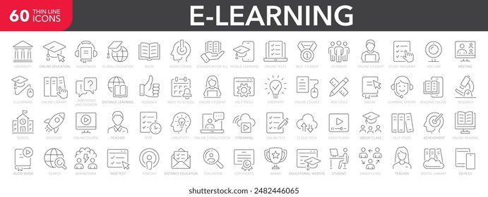 E-learning set of web icons in line style. Online education icons for web and mobile app. Distance learning, video tutorial, online lecture, school, university, webinar. Vector illustration