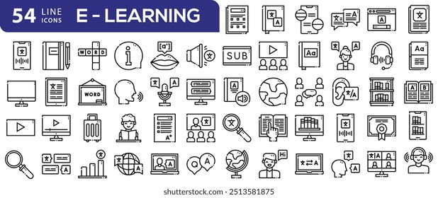 E-Learning-Satz von Web-Icons im Linienstil. Online-Bildungs-Symbole für Web und mobile App. Fernunterricht, Video-Tutorial, Online-Vortrag, Schule, Universität, Webinar. Vektorgrafik