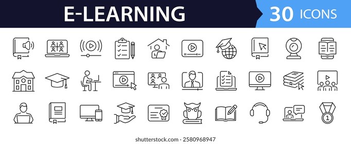 E-learning set of web icons in line style. Online education icons for web and mobile app. Distance learning, video tutorial, online lecture, school, university, webinar. Vector illustration