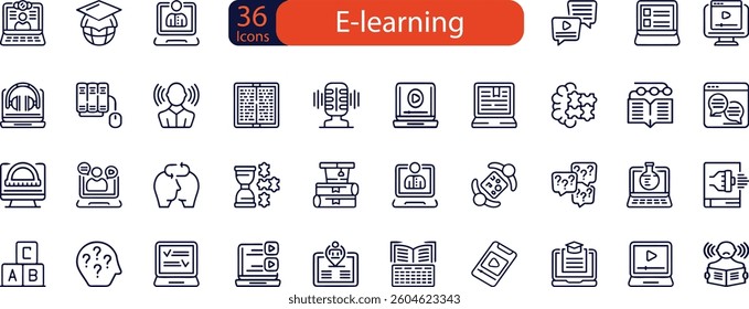 E-learning set of web icons in line style. Online education icons for web and mobile app. Distance learning, video tutorial, online lecture, school, university, webinar.