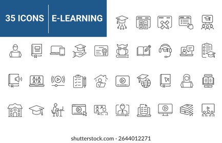 Conjunto de ícones da Web de e-learning em estilo de linha. Ícones de educação online para aplicativos móveis e da Web. Aprendizagem a distância, tutorial em vídeo, palestra on-line, escola, universidade, webinar. Ilustração vetorial