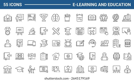 E-learning set of web icons in line style. Online education icons for web and mobile app. Distance learning, video tutorial, online lecture, school, university, webinar. Vector illustration