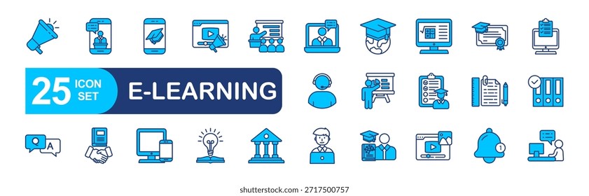 Conjunto de iconos web de aprendizaje electrónico en estilo de línea Concepto de Ilustración vectorial Video relacionado con la educación, computadora, estudiante, conjunto, línea, estudio, escuela