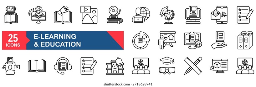 Conjunto de ícones da Web de e-learning em estilo de linha. conceito de ilustração vetorial para estudo, vídeo, escola, on-line, livro, web, laptop, distância, curso, treinamento, tutorial, ciberespaço, universidade