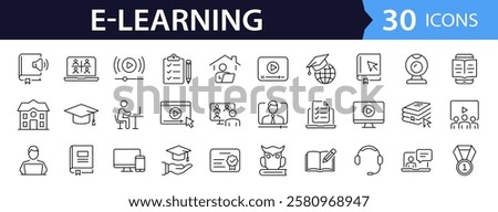 E-learning set of web icons in line style. Online education icons for web and mobile app. Distance learning, video tutorial, online lecture, school, university, webinar. Vector illustration