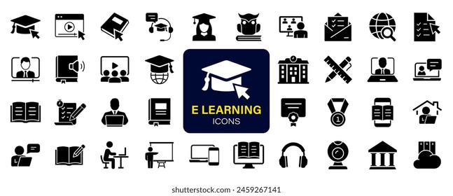 E-learning set of web icons. Online education icons for web and mobile app. Distance learning, video tutorial, online lecture, school, university, webinar. Solid vector icons collection