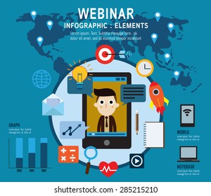 e-learning, Set of webinar icons .
online learning, professional lectures in internet. Isolated on 
background
Flat design vector illustration concept.