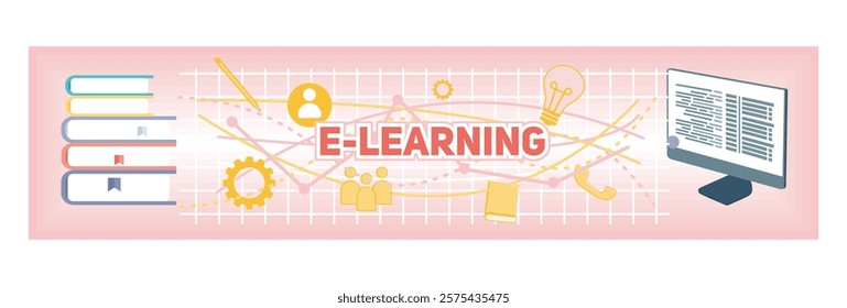 E-learning, showcasing educational symbols such as books, monitors, and ideas on a coordinate grid, emphasizing online education and modern technology driven learning approach. 