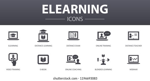 eLearning simple concept icons set. Contains such icons as Distance Learning, Online Training, Video training, Webinar and more, can be used for web, logo, UI/UX