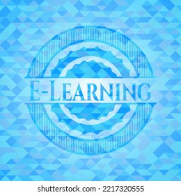 E-Learning sky blue emblem with mosaic background. 