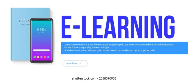 E-learning. Smartphone and book isolated on white. Banner or header for websites. Concept for online courses or education. Vector 3D illustration.