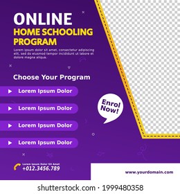 E-Learning social media template. Layout promotion for online home schooling program