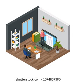 E-learning, student and teacher during online knowledge test isometric composition vector illustration