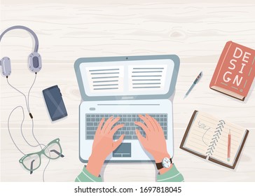 Elearning study, work at home concept design. Laptop with human hands on it, notebook, pen, pencil, book, phone, earphones, glasses graphic elements in trendy flat style. Top view on table.