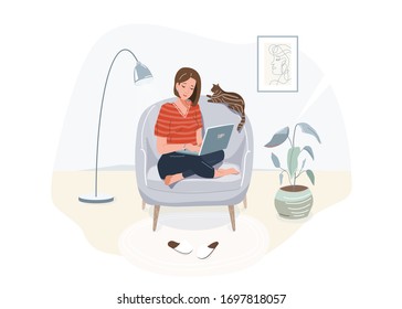 Elearning study, work at home, online education concept design. Girl with laptop sitting on the armchair at her house, dressed in home clothes. Vector illustration isolated on white background.