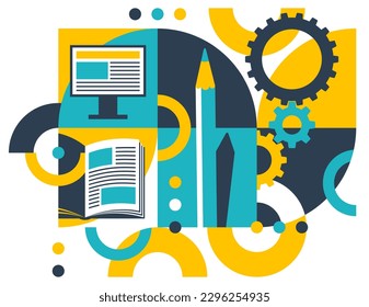 E-learning, studying method of brain development concept - abstract pattern with human head, open book and computer