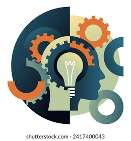 E-learning, studying method of brain development concept - abstract symmetrical pattern with head, gearbox and lightbulb