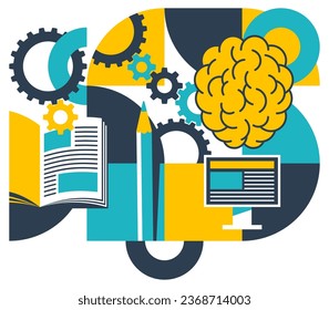 E-learning, studying methods of brain development decoration - abstract pattern with human head, open book and computer