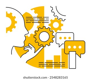 E-learning, estudio u otro método de concepto de desarrollo cerebral - patrón simétrico abstracto con cabeza, caja de cambios y bombilla. En línea delgada