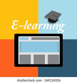 E-learning, tablet and web page over  color background