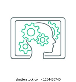 eLearning technology  - human head with gearbox inside and framed with tablet shape  - conceptual thin line vector illustration for modern smart technologies