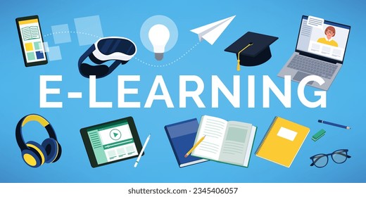 E-learning text surrounded by devices and school equipment, learning and education concept