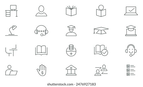 E-learning thin line icon set. Online education icon set. Education, school, knowledge,  E-Book, Graduation, social, teacher, certificate, video tutorial outline icons. Education web icon set