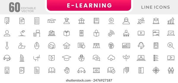 E-learning thin line icon set. Online education icon set. Education, school, knowledge,  E-Book, Graduation, social, teacher, certificate, video tutorial outline icons. Education web icon set