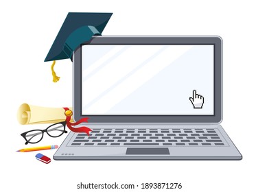 E-learning through laptop concept. Distance online education. Screen monitor with copy space. Vector
