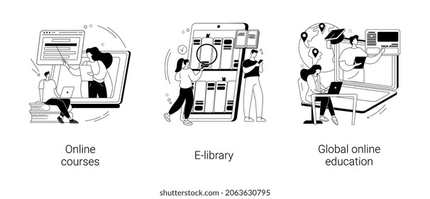 E-learning Tools Abstract Concept Vector Illustration Set. Online Courses, E-library, Global Online Education, Certificate Diploma, Content Store Access, Individual Learning Plan Abstract Metaphor.