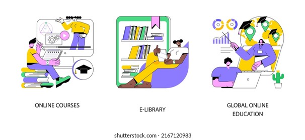E-learning Tools Abstract Concept Vector Illustration Set. Online Courses, E-library, Global Online Education, Certificate Diploma, Content Store Access, Individual Learning Plan Abstract Metaphor.