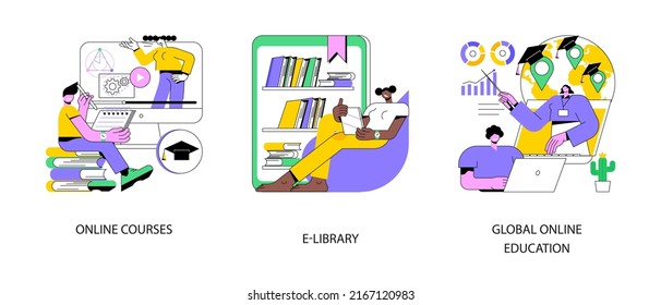 E-learning tools abstract concept vector illustration set. Online courses, E-library, global online education, certificate diploma, content store access, individual learning plan abstract metaphor.