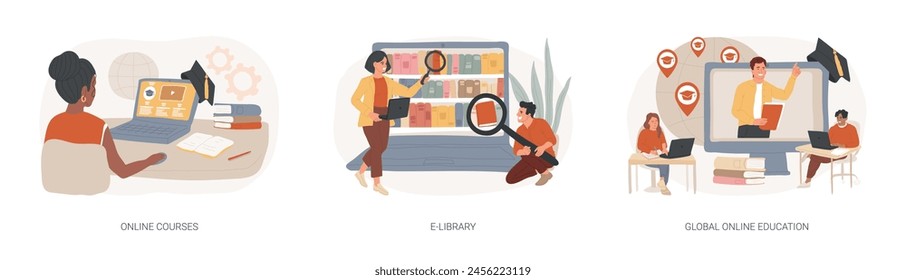 E-learning tools isolated concept vector illustration set. Online courses, E-library, global online education, certificate diploma, content store access, individual learning plan vector concept.