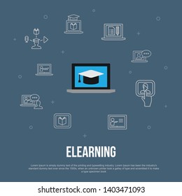 eLearning trendy UI flat concept with simple line icons. Contains such elements as Distance Learning, Online Training, Video training, Webinar and more