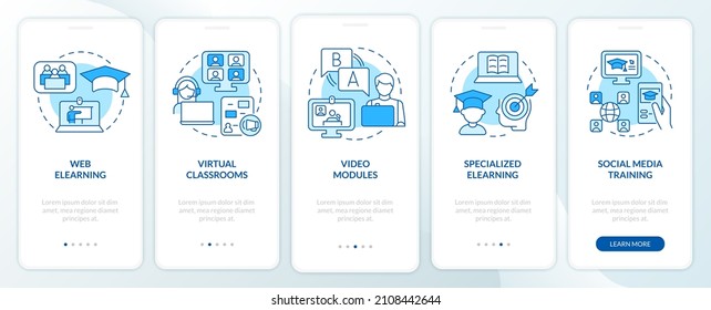 Elearning types blue onboarding mobile app screen. Online education walkthrough 5 steps graphic instructions pages with linear concepts. UI, UX, GUI template. Myriad Pro-Bold, Regular fonts used