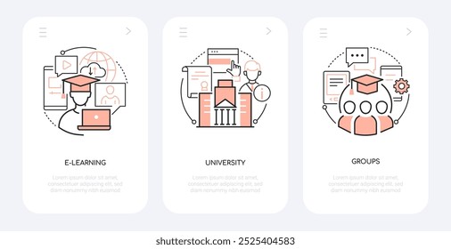 E-learning y universidad - Anuncios de estilo de diseño de línea con lugar para texto. Graduarse, obtener un diploma, clases en línea, conocimiento, información del profesor, chat de grupo y la idea de los estudiantes