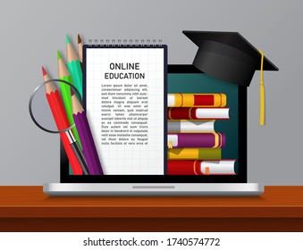 E-learning in university, online education in school on laptop screen. Ebook for knowledge, pencils, cap, magnifier on computer monitor. Training course in internet. Distance learning concept. vector