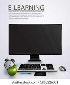 E-learning vector background design. E learning text with monitor, keyboard and mouse computer device element for online education student course background. Vector illustration 