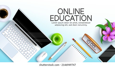 E-learning vector background design. Online education text with laptop, phone device and  back to school items for educational distance learning copy space decoration. Vector illustration.