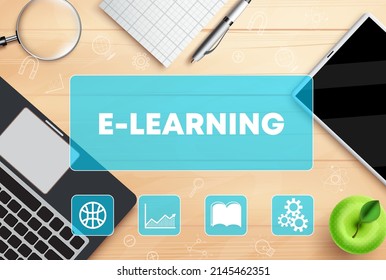 E-learning vector background design. Elearning text with laptop, tablet device and technology learning icons in wooden desk for virtual online education concept. Vector illustration.