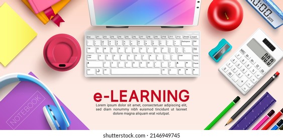 E-learning vector background design. Elearning text with online education elements of computer keyboard, and tablet device for home school study learning. Vector illustration.