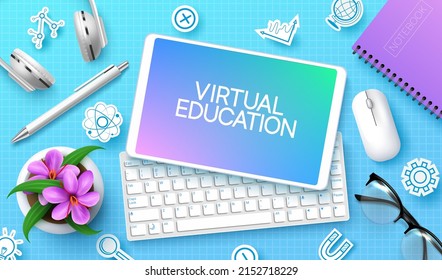 E-learning Vector Background Design. Virtual Education Text In Tablet Phone, Keyboard And Mouse Device Elements With Paper Cut Icons For Home School Online Study Course.  Vector Illustration.
