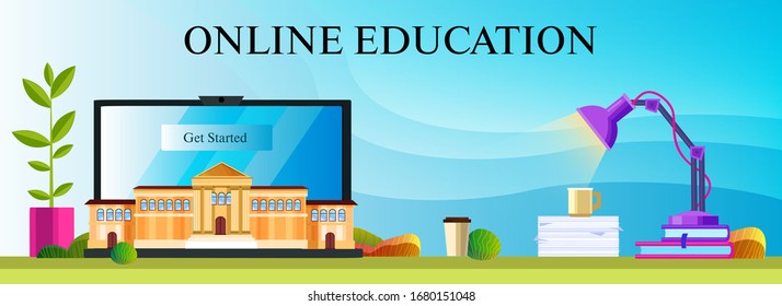 E-learning vector background with laptop, plants, lamp, books, university building and coffee. Distance education concept in flat style for web banners, landing pages, apps.