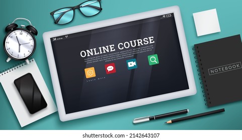 E-learning vector concept design. Online course text in tablet phone device with technology tools icon and educational elements for distance learning. Vector illustration.  
