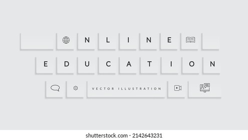 E-learning vector concept design. Online education text with technology icons in device keyboard for educational distance learning. Vector illustration.
