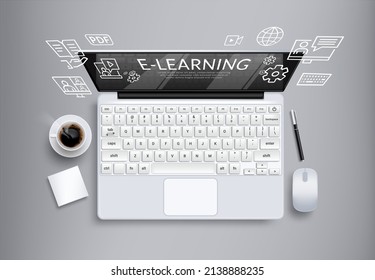 E-learning vector concept design. Elearning text with laptop learning device and educational icon for home school education study. Vector illustration.  
