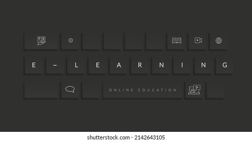 E-learning vector concept design. Elearning text in key board element with educational icons for online education knowledge learning. Vector illustration.  
