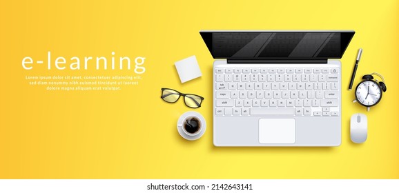 E-learning vector concept design. Elearning text with laptop device, mouse and learning items in yellow background for home school education. Vector illustration.  
